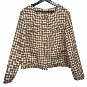 Voy Houndstooth Tweed Blazer Jacket size Large Tan/White Gold Buttons Fringe